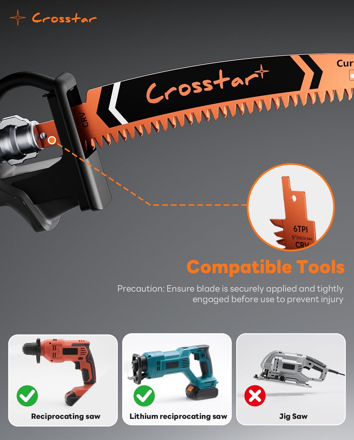 Crosstar 6 9 12 15 Inch Japanese Teeth Arc Edge Reciprocating Saw Blades - 6TPI Wood Pruning Blades for Tree Trimming, Branch Cutting,8-Piece