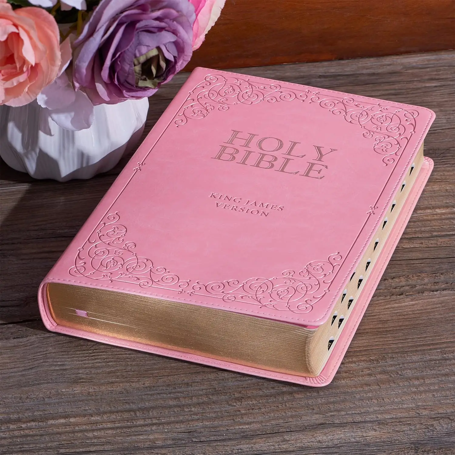 KJV Holy Bible, Giant Print Full-Size Faux Leather with Ribbon Marker, King James Version, Pink Imitation Leather Study Book