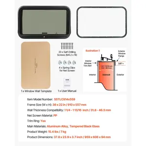 VEVOR RV Exit Window, 36 Wx 22 H Tinted RV Window with Net Screen and Trim Ring, Fit for 1 1/4 - 1 13/16 Thickness Wall, RV Window Replacement for Teardrop Cargo Trailer Camper, DOT Approved