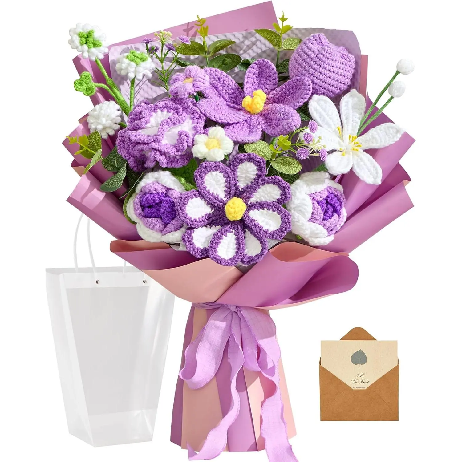 Alecono Large Crochet Flower Bouquet, Knitted Artificial Flowers, Crochet Tulip as a Gift for Valentines Day Mothers Day, Graduation Gifts for Girls Women (Purple)