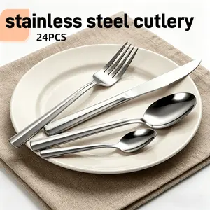 24-Piece Stainless Steel Cutlery Set, Mirror Finish, Includes Knife Fork Spoon Dessert Spoon, Rust-Resistant, Dishwasher Safe, Ideal for Home Kitchen, Parties, Weddings, Gifts