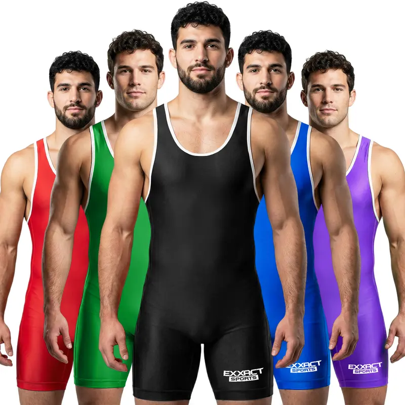 Exxact Sports Men's Plain Black Fitted Ergonomic Athletic Stretch Wrestling Singlet - Dry Fit, Fast Drying, Breathable, Lightweight, Stretchy, Machine Washable Training Gear for Muscle Support, Intense Physical Activities, Long-Lasting Performance