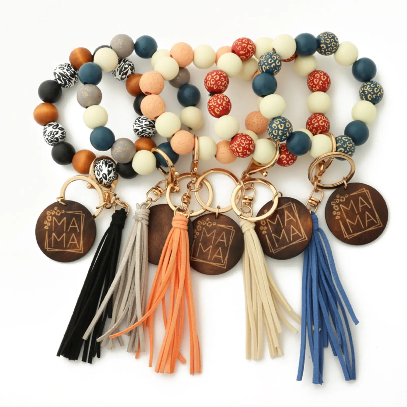Wooden Bead Keychain Wristlet Strap with Mama Print, Tassel Charm, and Blank Monogram Disc - Cute Unisex Arm Candy Accessories, Cute Keychain