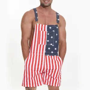 Bindefon 4th of July Denim Overalls with Printed American Flag Coveralls with Bibs for Men Menswear