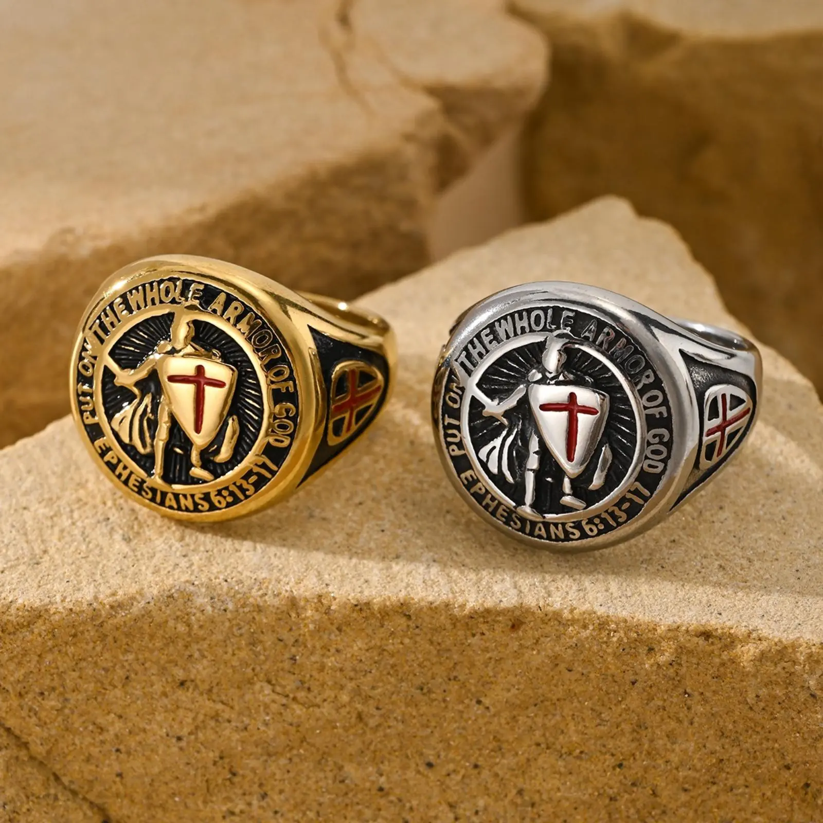 Stainless Steel Knights Templar Vintage Ring - Gold Plated, Punk Gothic Look, Warrior Motif, Elegant Christmas Gift for Party Gifting, Vintage Rings, Gold Plated Ring