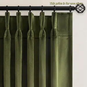 1pc Olive Velvet Blackout Curtains, Forest Vintage Pinch Pleated Drapes, Thermal Soundproof, Home Decoration Curtain