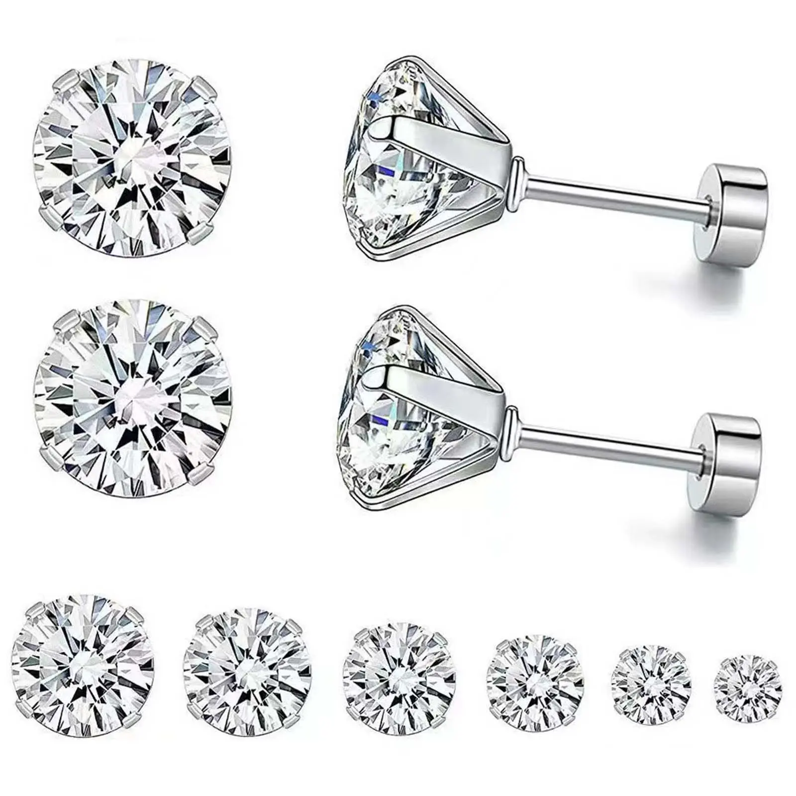 Minimalist Stainless Steel Zircon Solitaire Stud Earrings - 1-Pair, Multi-Size, 4-Claw Secure Micro-Setting Cubic Zirconia Earrings for Daily Wear, Solitaire Earrings
