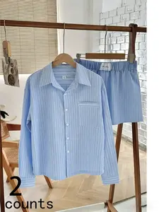 Women's Light Blue Striped Two-Piece Set, Y2K Loose Fit Long Sleeve Collared Shirt & High Waist Shorts, Casual Street Style for All Seasons, Womenswear