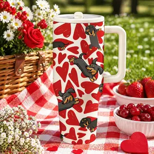 1 Pc 40oz Insulated Mug, Vacuum Flasks, Double Wall Drinkware, Dachshund Dog And Red Heart Print, Double Wall, Leak Proof, Large Capacity, Hot Cold Drinks, Cute Pet Lover Design, Gift For Women, Men, Dog Moms, Keeps Hot 12 Hours, Cold 24 Hours