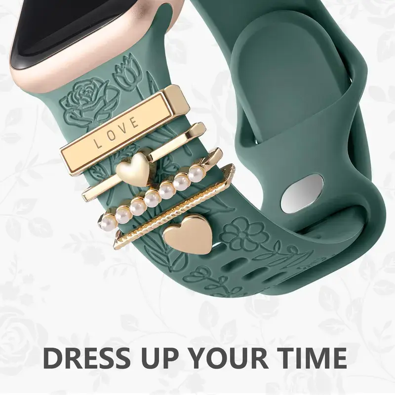 Floral Apple Watch Band for Women, Sage Green Engraved Silicone Strap with Pearl & Heart Charms, Cute Flower Replacement Wristband Compatible with Apple Watch Series 11/10/9/8/7/6/SE/Ultra