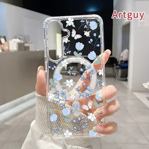 Magnetic Soft Case for Samsung Galaxy S26 Edge S23 Ultra S24 Plus FE S25 S22+ Floral Butterfly Dream Pattern Anti-Yellowing Shockproof ultra-thin Silicone Crystal Transparent Acrylic Large Hole Cover Supports Wireless Charging