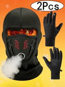 2Pcs-Men's Winter Warm Windproof Full Face Mask, Full Balaclava, Motorcycle Helmet Liner, Waterproof Thermal Gloves, Unisex Riding Gear for Fall & Winter