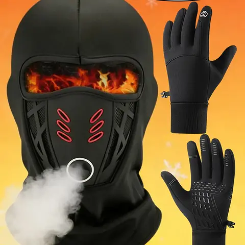 2Pcs-Men's Winter Warm splash-resistant Full Face Mask, Face Cover, Motorcycle Helmet Liner, Waterproof Thermal Gloves, Unisex Riding Gear for Fall & Winter