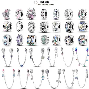 Original 925 Silver Buttefly Daisy Safety Chain Charms Fit Pendant Bracelet Star Moon Luminous Round Clip Beads DIY Jewelry Gift