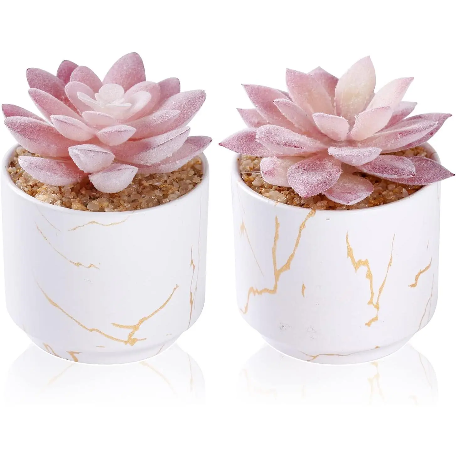 Synthetic Geometric Neutral Modern Potted Fake Indoor Plants - 2 White Ceramic Pots, Small Decorative Desk Ornaments for Women’s Office, Shelf Home Decor