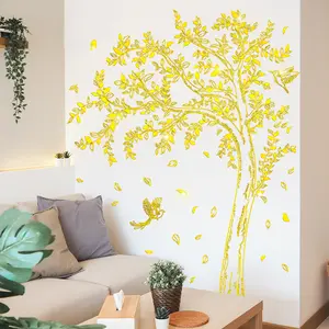 A set (30*60cm*4 pieces) of creative gold stamping craft golden big tree and bird featured decorative wall stickers Home Decor for beautifying bedrooms, living rooms, corridors and entrance backgrounds, self-adhesive TJ13544-KN
