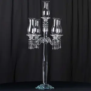 5 Arm Crystal Glass Taper Candle Holder Candelabra 40" - Luxurious Table Centerpiece With Chandelier Chains