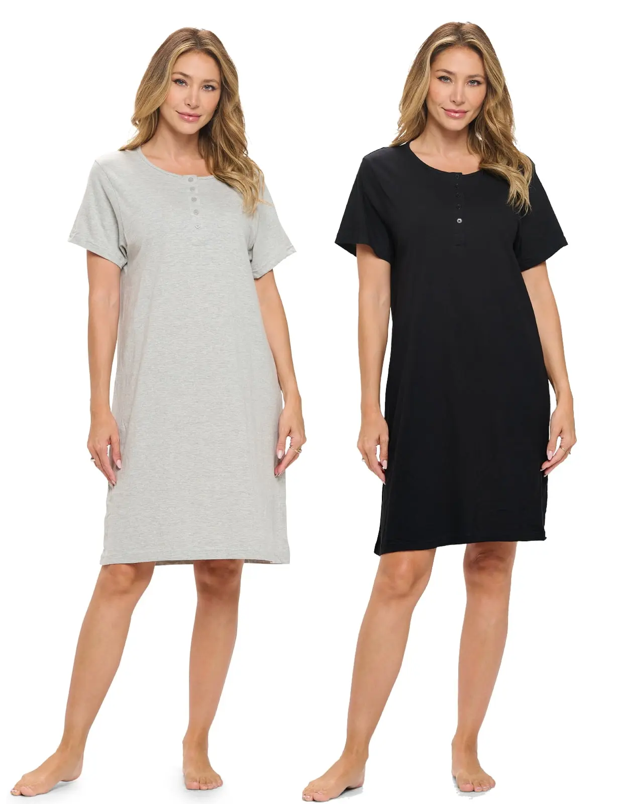 Casual Nights Women's Cotton Pullover Henley Nightshirts Set of 2 - Floral Short-Sleeve Nightgown & Solid Sleepwear Shirt, Breathable Fabric for Hospital & Maternity Use, Knit, Soft, Button, Mother's Day, Scoop Neck, Holiday, Basic, Everyday, Comfortable,