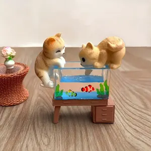 Miniature Cute Cat and Fish Tank Decor Set, Resin Desktop Ornament, Creative Micro Landscape Figurine, Cute Desktop Decoration, Kawaii Display Decor, Decorative Figurines, 1/3 Piece Set