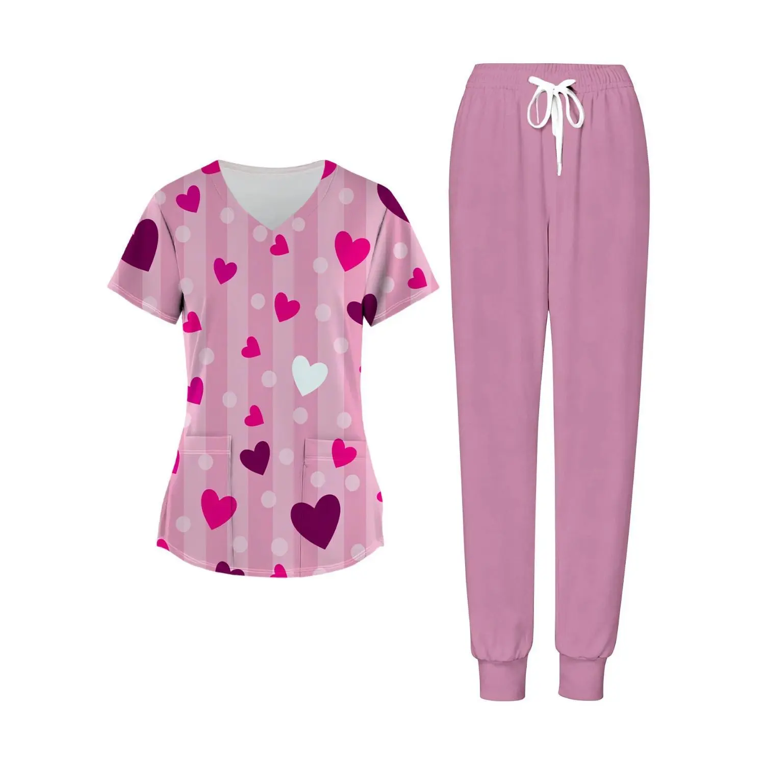 Plus-Size Women's Pink Hearts Valentine's Day V-Neck Top and Pants Two-Piece Scrubs Set