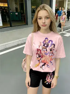 Sweet Girl Style Huntrx Women's Short Sleeve Set, Anime Character Printed T-Shirt & Shorts Two-Piece, Casual Asymmetrical Design