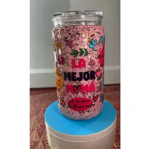 Mama Snowglobe Tumbler Cup 16 oz with Glitter Design and Floral Patterns