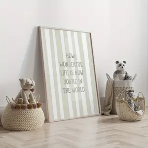 1pc Unframed Green "How Wonderful Life Is" Canvas Print - Minimalist Nursery Wall Art with Inspirational Quote, Beige & White Striped Background, Perfect for Youngsters' Room, Dorm, Playroom, or Modern Home Decor Artistic