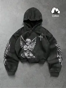 TikTok Trending Christian - Themed Cropped Hoodie, Black Vintage Style with Praying Angel and Cross Graphic Print, Made of Cotton,  Ideal for Edgy Faith - Inspired Outfits During TikTok Shop Black Friday Sales  and Christmas Gift Ideas