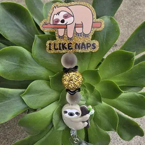 I Like Naps Sloth Badge Reel with Glitter Gold Charm and Adorable Sloth Figure for Cute Office Accessories