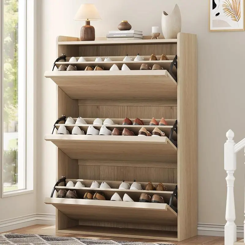 Gaomon Sturdy Expandable Waterproof Wooden Shoe Rack Organizer - Freestanding Entryway Decor with 3 Flip Drawers, 3-Layer Adjustable Shelves, Hidden Design, Easy Installation, Fits Men's Shoes (31.50in L x 10.35in W x 46.14in H)