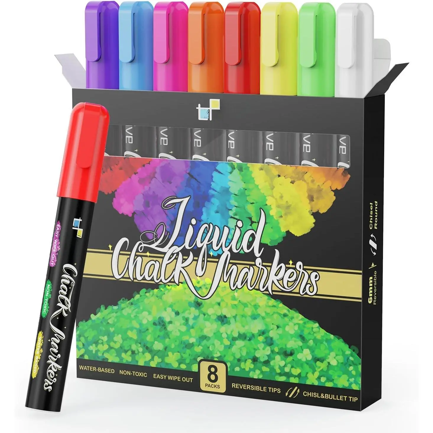 Chalk Markers - 8 Color Chalk Pens and 24 Labels - Dry & Wet Erase, Reversible Tip, for Chalkboards, Signs, Windows, Blackboard, Glass, Mirrors, Liquid Chalk