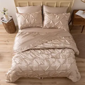 Comforter King 7 Pieces - Luxurious Pleat Bedding Set with Comforter, Flat Sheet, Fitted Sheet, Pillowcases & Shams, Soft Bed Set for All Season (King, Champagne)