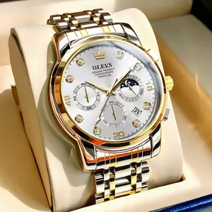 OLEVS Diamond Multi-calendar Chronograph Watches Men's Waterproof Analog Quartz Watch with Moon Phases & Date Display 42mm Gold Silver Case