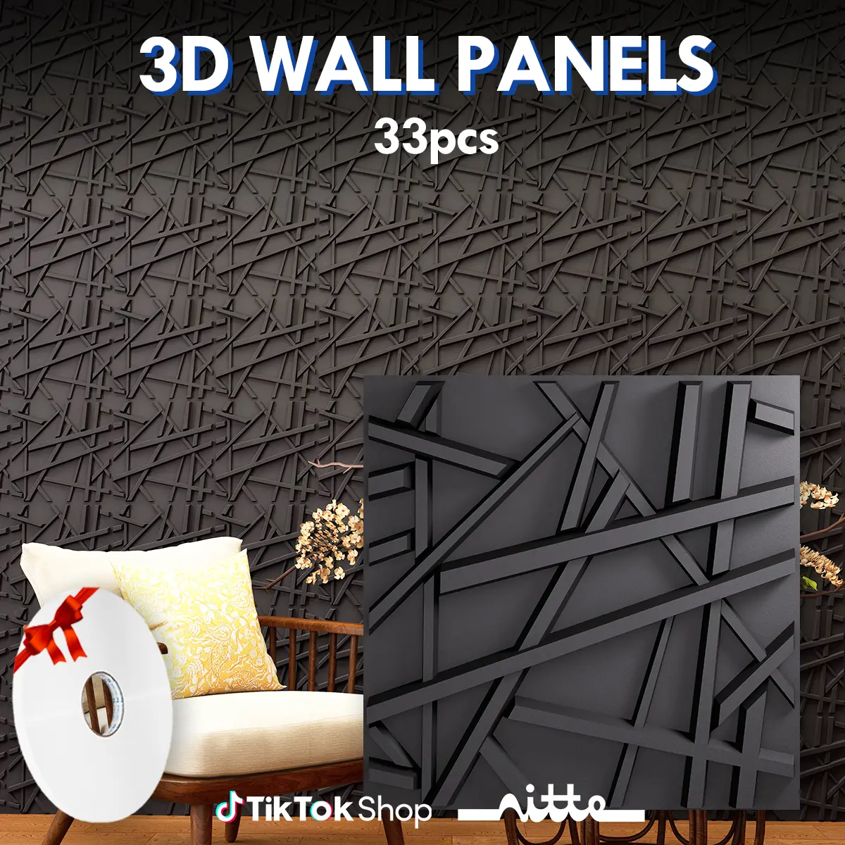 Nitte 33PCS 3D Wall Panels, Abstract Line Design, 11.8"x11.8" (30x30cm), Sleek Black, Modern Accent Walls for Living Room, Bedroom, and Office Decor