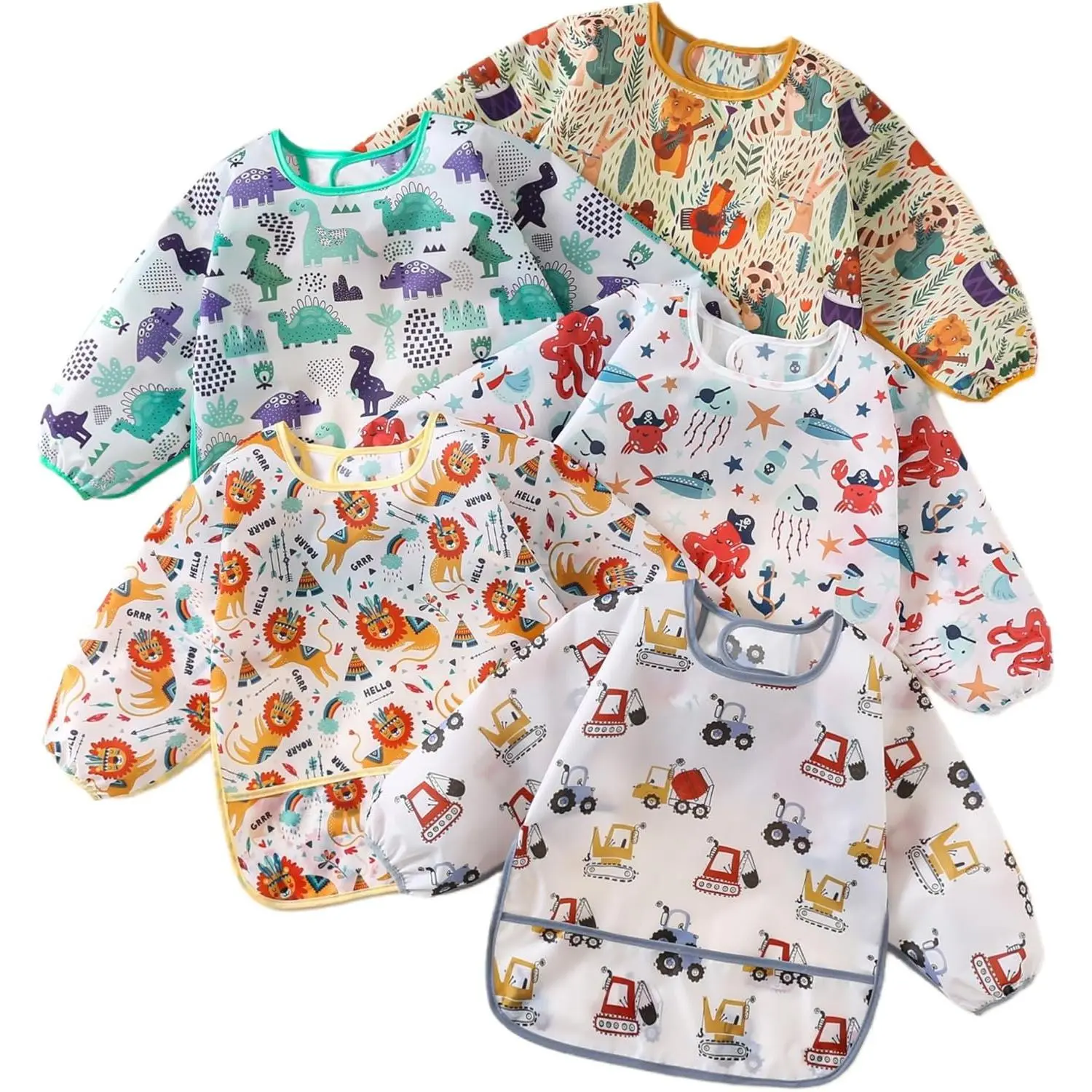 P-GSC05   Sleeved Bib,5 Pack,Waterproof Shirt Bibs for Baby 3-24 Months Wipe Clean
