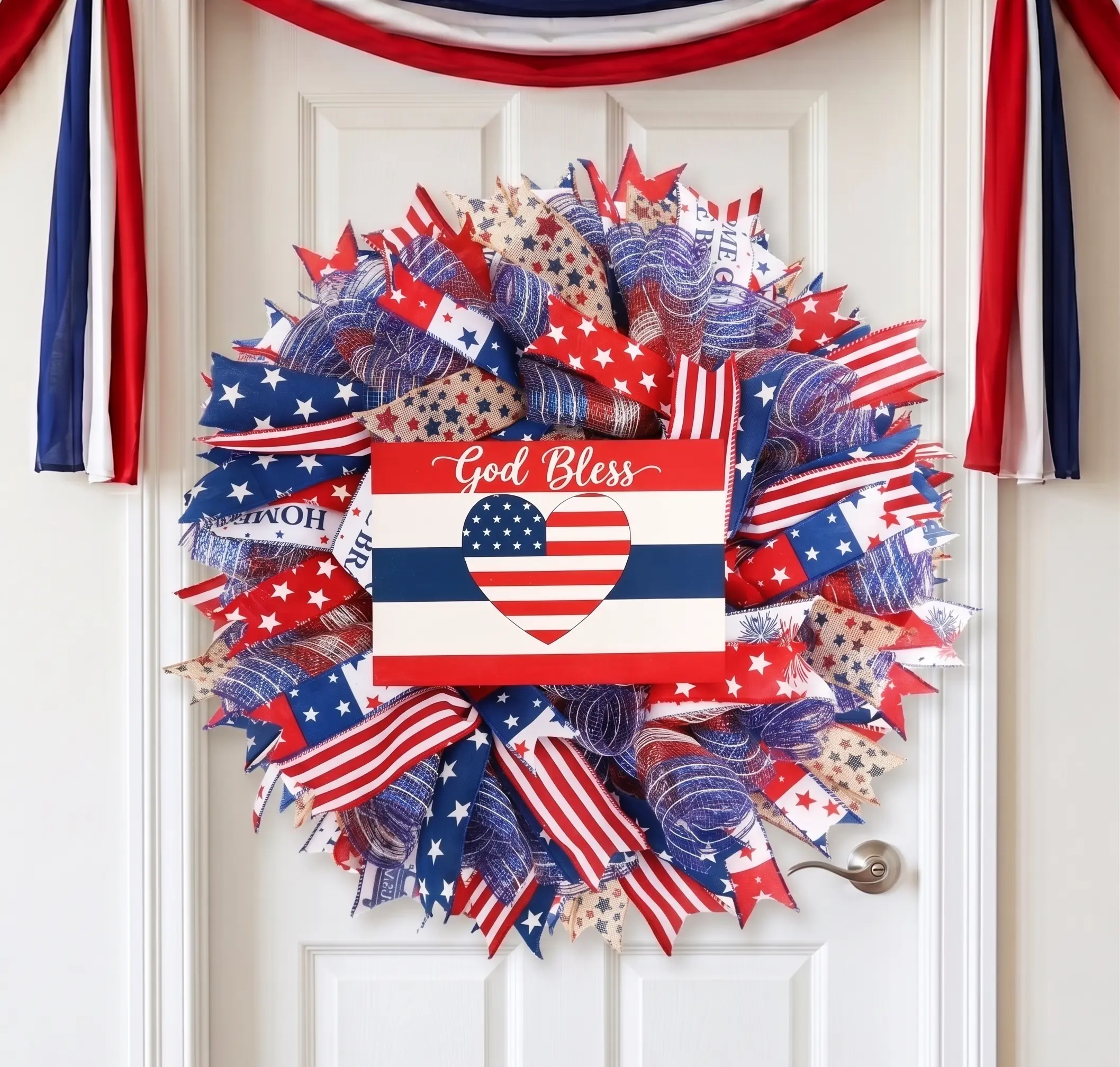 250th Anniversary Patriotic Wreath, 24" Memorial Wreaths for Front Door, Red White and Blue Wreath All-Weather Farmhouse Outdoor Holiday Decoration