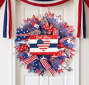 250th Anniversary Patriotic Wreath, 24" Memorial Wreaths for Front Door, Red White and Blue Wreath All-Weather Farmhouse Outdoor Holiday Decoration