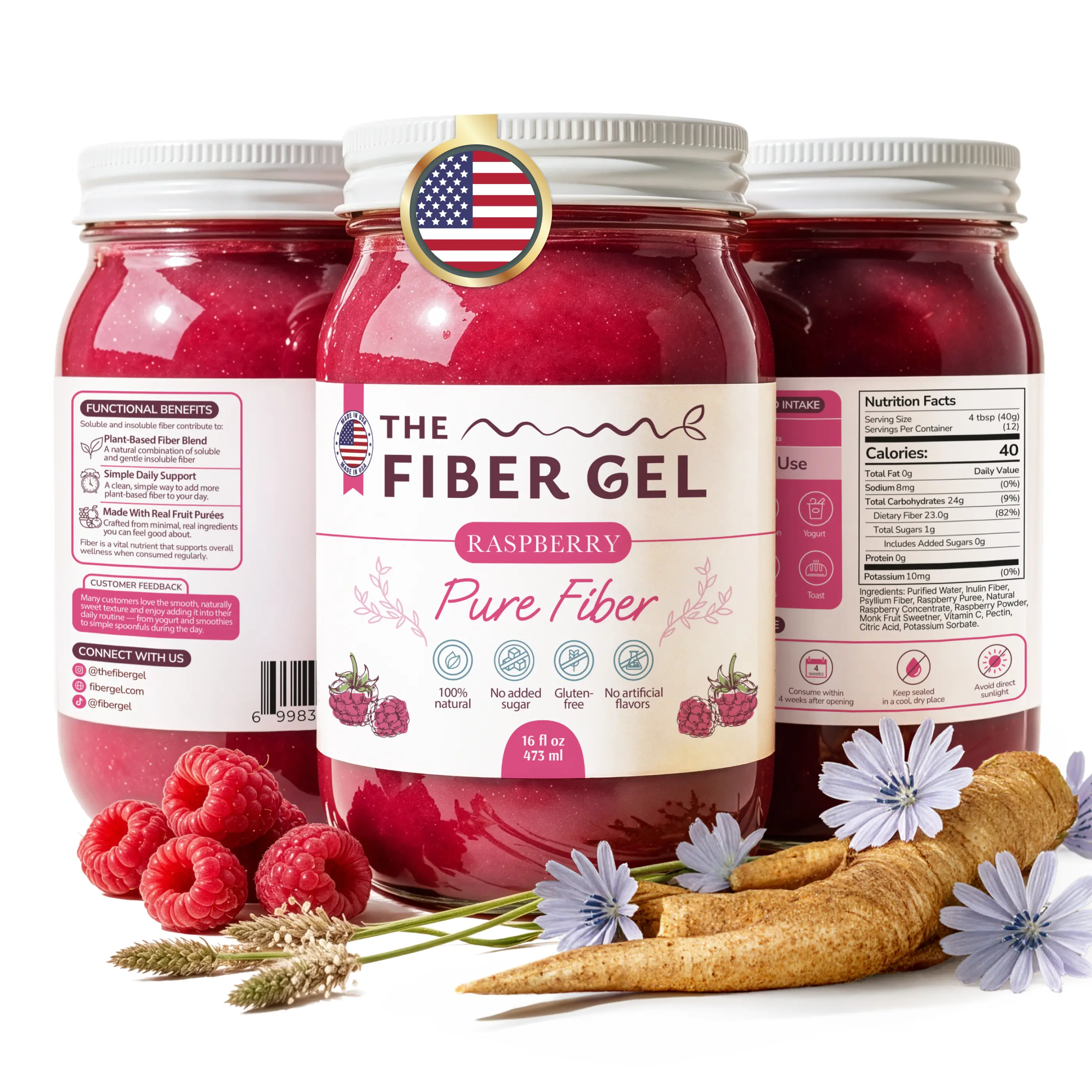 The Fiber Gel Raspberry: Smooth & Spoonable Plant-Based Prebiotic Fiber Gel (Psyllium Husk + Inulin), All Natural&No Sugar Added | Made in USA