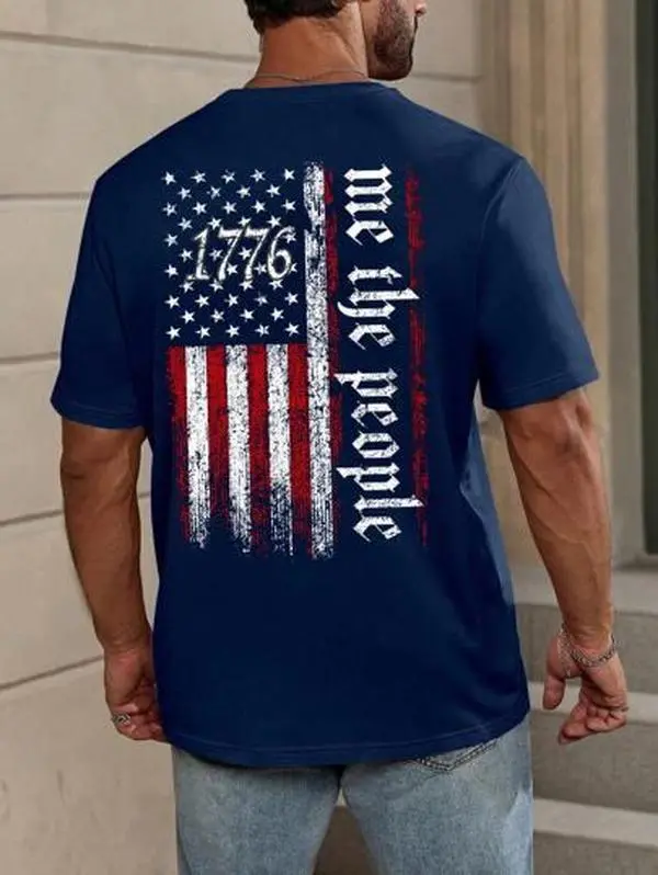 Manfinity Homme Casual And Mature Navy Blue Independence Day Printed Men's Slim Fit T-Shirt, Summer