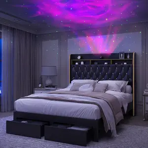 [Summervibes] Full LED Galaxy Bed Frame Set with Optional Mattress, 4 Storage Drawers, 2-Tier Headboard, Charging Station, Speaker & Star Projector (Available in Twin, Full, Queen & King Sizes | Upholstered PU Leather & Velvet | Noise-Free Design)