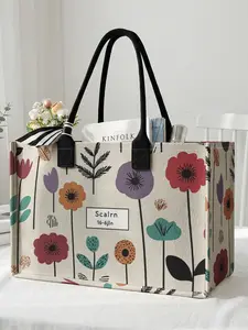 1 piece of floral pattern printed 2D large capacity storage bag, extra large storage bag, Fashionable Shopping Bag, sturdy handle, space-saving multi-purpose, suitable for use at school, traveling, shopping