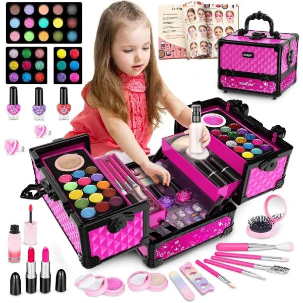 Summer Spring Gift 59 Pcs Kids Makeup Kit for Girl, Washable Play Makeup Toys Set for Dress Up, Pretend Beauty Vanity Set with Cosmetic Case Birthday Toys for Girls 3 4 5 6 7 8 9 10 11 12 Years Old Kids Toddlers