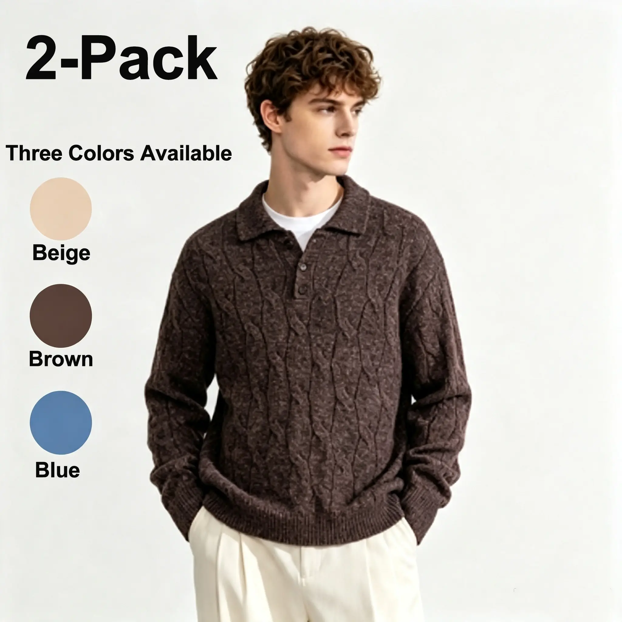 2-Pack Men’s Old Money Cable-Knit Polo Sweater, Long Sleeve, Buttoned Henley Collar, Casual Knitted Pullover, Warm for Fall