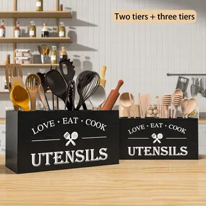 Black Farmhouse Utensil Holder for Kitchen Counter Extra Large Cooking Utensil Holder Caddy Utensils Storage Organizer for Countertop Rustic Wood Kitchen Tool Decor Utensil Crock Spatula Holder