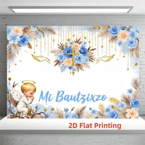 Blue Angel Baptism Background Cloth, Soft Cute Baby Design, Holy Cross and Gradient Flowers, Catholic Christening Ceremony Decor