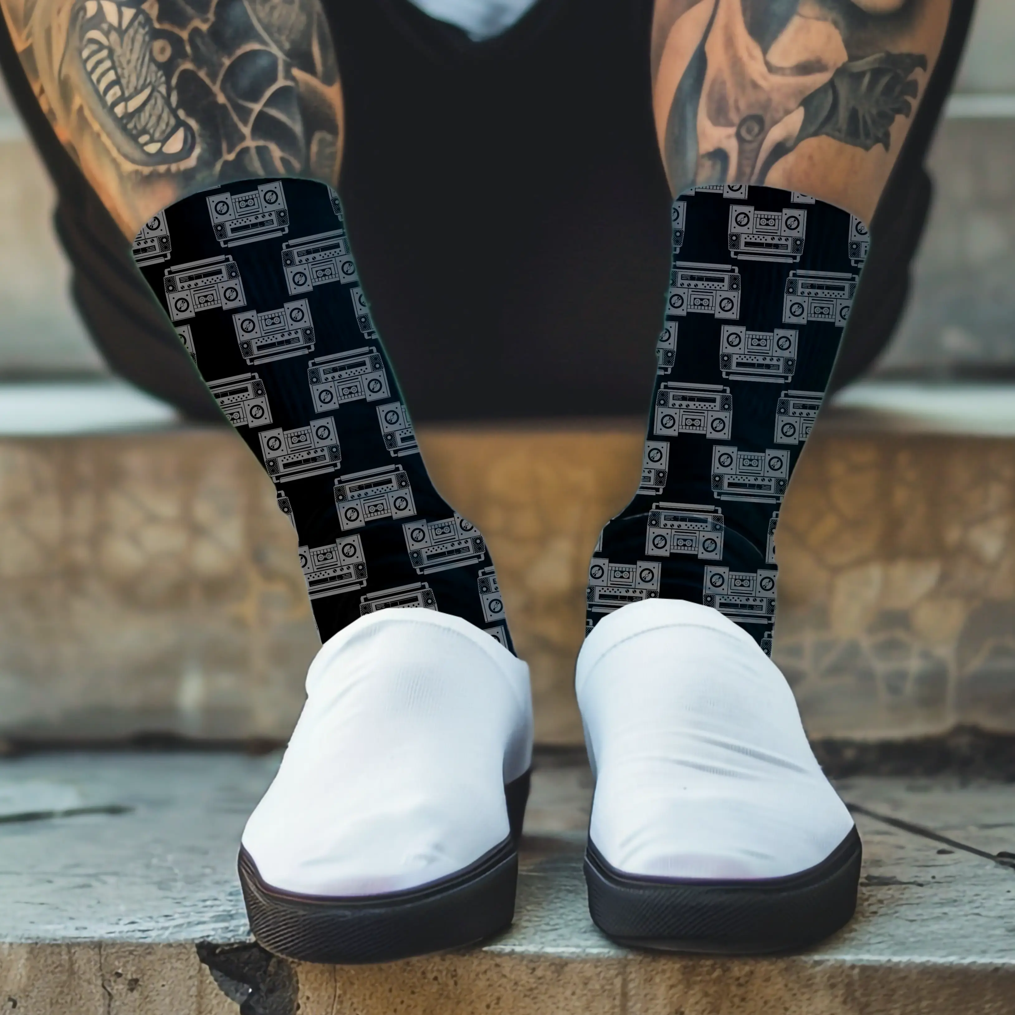 Unisex Crew Socks with Retro Boombox Print, Comfortable Polyester Spandex for 80s & 90s Music Lovers, Cushioned Bottoms