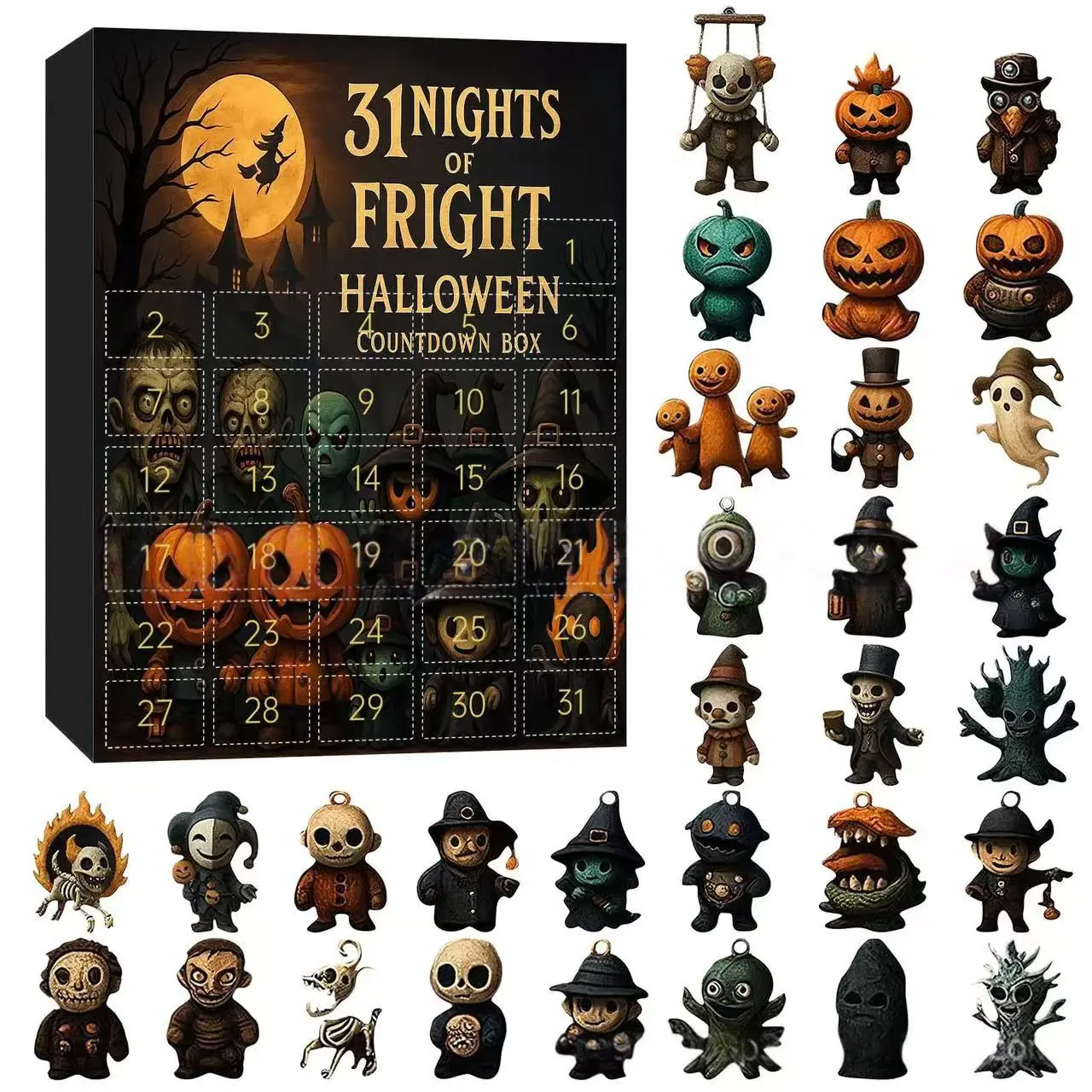 2026 Halloween Advent Calendar - 31 Nights Fright Countdown Box with 31 Mini Spooky Figurines, Blind Box Surprise for Home Desk Decor, Halloween Party Favors