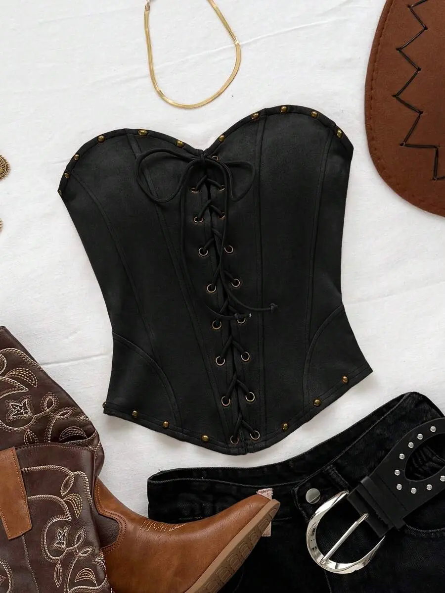 Roam x [US] Soleia Black Suede Rivet Lace Up Corset Top,Summer Western Club Night Halter Strap Deconstruction Crop Top,No Chest Padding