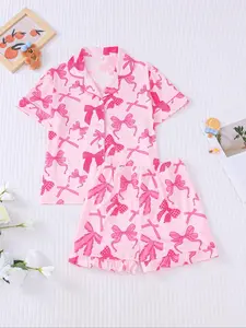 Girl's All Over Bow Print Lapel Shirt & Elastic Waist Shorts Pajama Two-piece Set, Casual Cute Short Sleeve Button Up Top & Shorts Pj Set, Kids Sleepwear for Summer Junior, Casual Comfy Pajama, Pastel Cute Pajamas