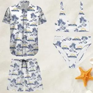 Twisted Tea Matching Couple Swimwear, Tropical Palm Tree Island Paradise Print Shirt Shorts & Bikini Set Beach Outfit, Perfect Gift for Beach Couple Vacation